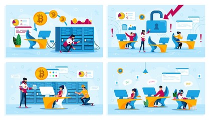 Obraz premium Cryptocurrency Trading Business, Online Security Trendy Flat Vector Concepts Set. Man Servicing Mining Farm, Employees in Panic Because of Virus, Miners Team, Developers Working in Office Illustration