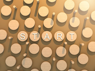 3D illustration business start up ideas concept start with text on tube geometry shape with light flare on brown color background