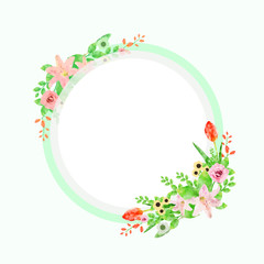 White circle frame with various elegant watercolour flowers. Vector image