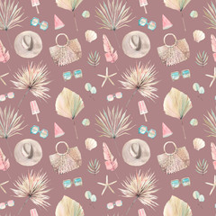 Summer picnic watercolor seamless pattern.