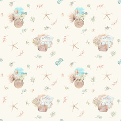 Summer picnic watercolor seamless pattern.