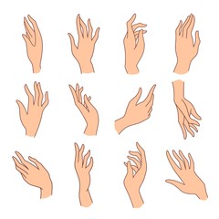 Set of minimalistic colored female hands art drawings symbols or signs