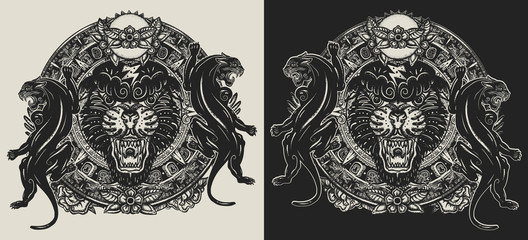 Black panthers and mayan sun calendar. Wild cats totem. Template for clothes, covers, emblems, stickers, poster and t-shirt design. Typography art. Vector illustration © intueri