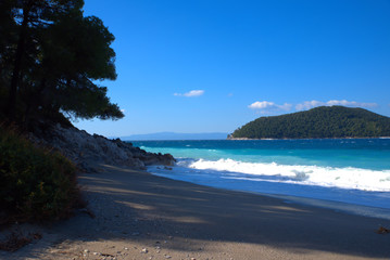 A beautiful beach on the island of Skopelos, Greece . her name is Kastani beach