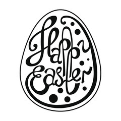 Black lettering Happy Easter inside the egg with rounds on a white background