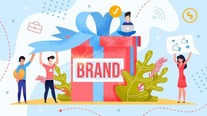 Brand Assessment, Test and Public Valuation Poster. Man and Woman Team Rejoicing Trademark Startup. Leader Launching Online Project. Tiny People Standing near Huge Gift Box. Vector Illustration