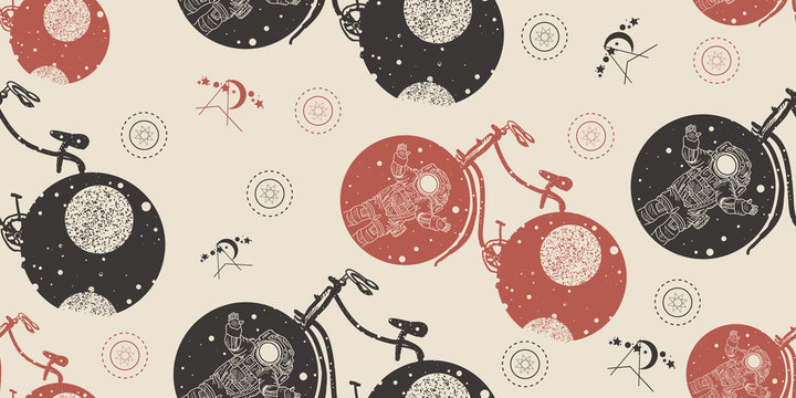 Bicycle wheels in which the universe. Seamless pattern. Packing old paper, scrapbooking style. Vintage background. Medieval manuscript, engraving art. Astronaut in deep space