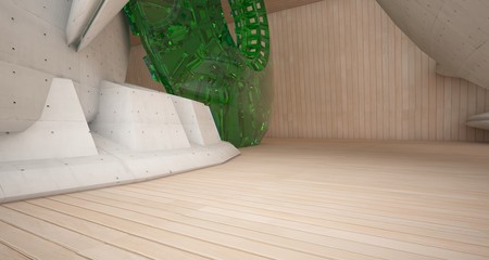 Abstract architectural background interior made of wood, concrete and glass. 3D illustration and rendering.