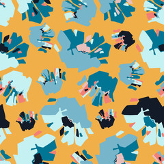 Modern seamless vector botanical pattern with marine blue chicory flowers on a warm yellow background. Can be used for printing on paper, stickers, badges, bijouterie, cards, textiles. 