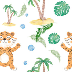 Obraz premium Seamless pattern with cute cartoon lions and tigers with palm and leaves. Hand drawn watercolor illustration white background