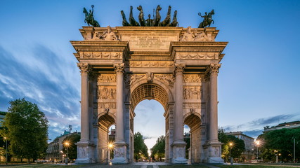 Arch of Peace in Simplon Square day to night timelapse. It is a neoclassical triumph arch