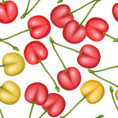 Seamless, endless pattern with red and yellow ripe cherries with stem isolated on a white background, Can be used in food industry for wallpapers, wrapping paper, wedding cards. Vector illustration