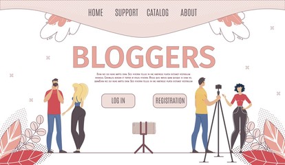 New Social Network, online Media Platform, Hosting Service for Bloggers Web Banner, Landing Page Template. Blogger, Content Production Team Recording Streaming Video Trendy Flat Vector Illustration