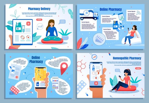 Pharmacy Online Service Trendy Flat Vector Web Banners, Landing Pages Templates Set. Client Shopping Natural Medicines, Mother Shopping Goods for Babies Online, Woman Buying Homeopathy Illustration