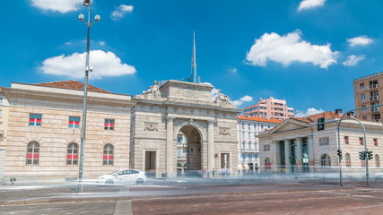 Fototapeta na wymiar Old Porta Garibaldi monument arch timelapse and modern buildings of Porta Garibaldi, in Milan.
