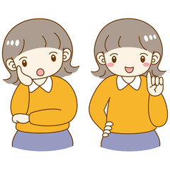 女の子　手を添える　考える　疑問　笑顔　セット