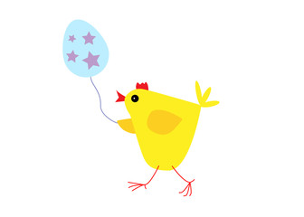 Happy Easter chicken with balloon egg on white background, vector flat illustration, greeting card. 