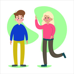 Flat vector illustration with young people on a white background. The guy and the girl are talking. Social communication