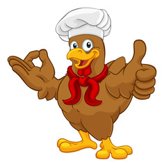 A chef chicken rooster cockerel cartoon character mascot doing a chefs okay perfect hand sign and thumbs up