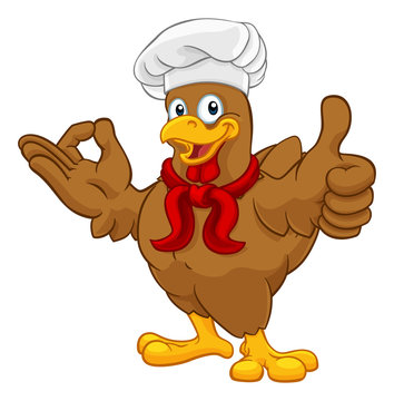 A chef chicken rooster cockerel cartoon character mascot doing a chefs okay perfect hand sign and thumbs up