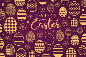Card, invite, banner design with different eggs with patterns, flowers, text Happy Easter. Gold on purple background. Vector illustration. Concept for holiday celebration decor element. Flat style.
