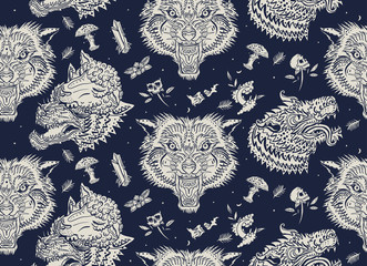 Wolf head vintage seamless pattern. Old school tattoo art. Dark gothic background. Aggressive wolves traditional tattooing background. Magic fairy tale style. Werewolf in sheep clothing