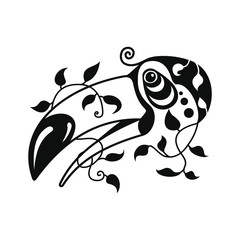black and white tattoo of toucan head with twig and leaves on a white background