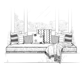   The sofa on the windowsill. Window seat. Hand-drawn vector illustration in vintage style. Interior sketch.