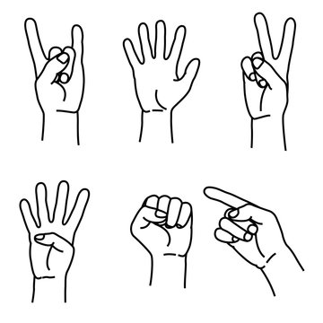 Various gestures of human hands set icons in line style isolated on a white background. Vector illustration