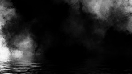Fog and mist effect on black background. Coastal smoke on the shore. Reflection in water texture overlays. Stock illsutration.