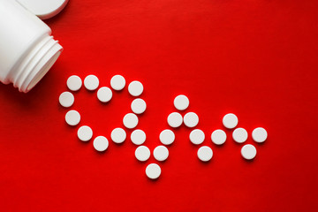 Pills concept for heart and cardiovascular disease. White pills get enough sleep from a white jar...