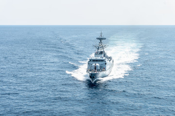 Modern patrol navy ship sails in the sea during territory patrol mission.Peace keeping operation...