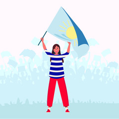 Woman  with the flag. People taking part in picketing, mass meeting, parade or rally, demonstration. Flat cartoon vector illustration.