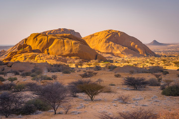 The Pondoks near the Spitzkoppe mountain at sunset in Namibia.