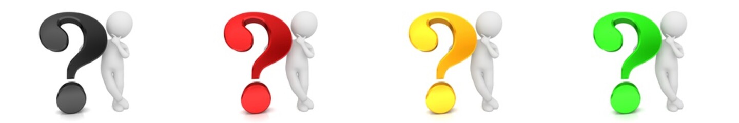 question mark 3d black red gold green interrogation points asking thinking white stick man solves problems