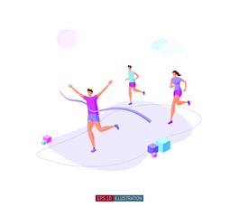 Trendy flat illustration. Best team ever concept. Goal achievement. Runner finish. Successful teamwork. Template for your design works. Vector graphics.