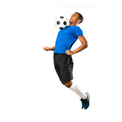 Full-length shot of African American football player man over isolated white background
