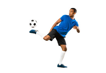 Full-length shot of African American football player man over isolated white background