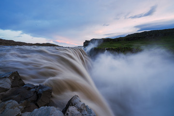 Majestic Dettifoss during blue hour, purple sky, Iceland