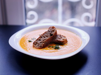 Pumpkin cream soup with croutons