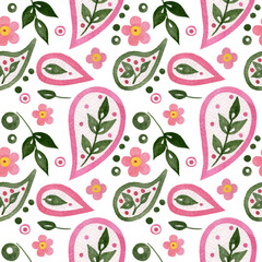 Watercolor seamless pattern with flower and leaf isolated on the white background