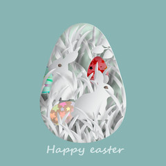 Vector paper cut illustration of colorful easter rabbit, grass, flowers and egg shape. Happy easter greeting card template.