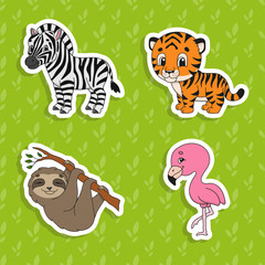 Set of bright color stickers. Brown sloth. Orange tiger. Happy zebra. Pink flamingo. Cute cartoon characters. Vector illustration isolated on color background. Wild animals.