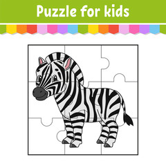 Puzzle game for kids. Cute zebra. Education worksheet. Color activity page. Riddle for preschool. Isolated vector illustration. Cartoon style.