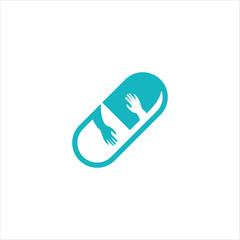 Pill icon with hand care icon inside vector logo illustration