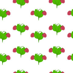 Berries raspberry with green leaves on a white background. Seamless pattern of juicy berries. Vector illustration of the basic design.
