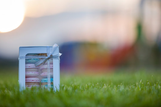Cardboard gift box with colorful pink blue handmade macaron cookies on green grass blurred background.
