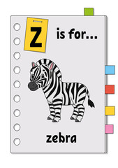 Z is for zebra. ABC game for kids. Word and letter. Learning words for study English. Cartoon character. Color vector illustration. Cute animal.