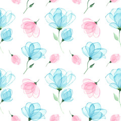 Watercolor seamless pattern of pink and turquoise flowers with transparent petals on a white background. Hand drawing, delicate soft colors.