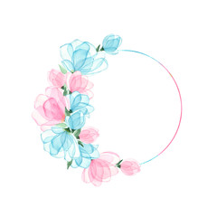 Watercolor round wreath of pink and turquoise flowers isolated on a white background. Hand drawing.